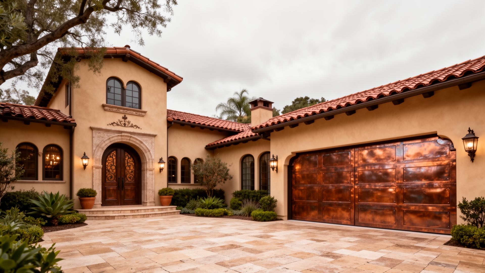 Luxury custom copper-clad garage doors on California Spanish revival home - professional garage door installation by Garage Door Leicester